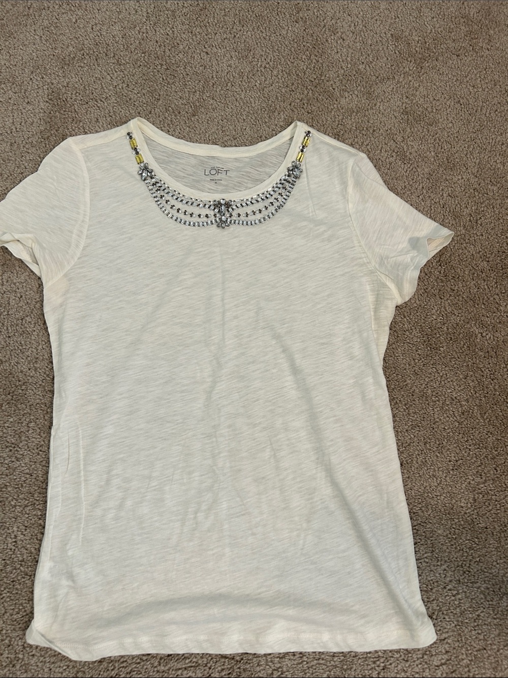 LOFT Cream Short-Sleeve Tee with Beaded Neckline